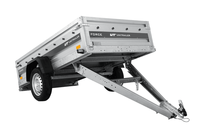 Einachsanhänger 230×125 UNITRAILER FORCE 230 KIPP mit Gitterseitenwänden, H-0-Rahmen und blauer Plane-Neu