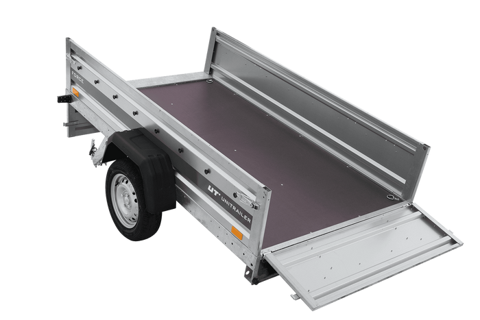 Autotransportanhänger 230×125 UNITRAILER FORCE 230 KIPP mit BIS-Seitenwänden, H-800-Rahmen und grauer Plane-Neu