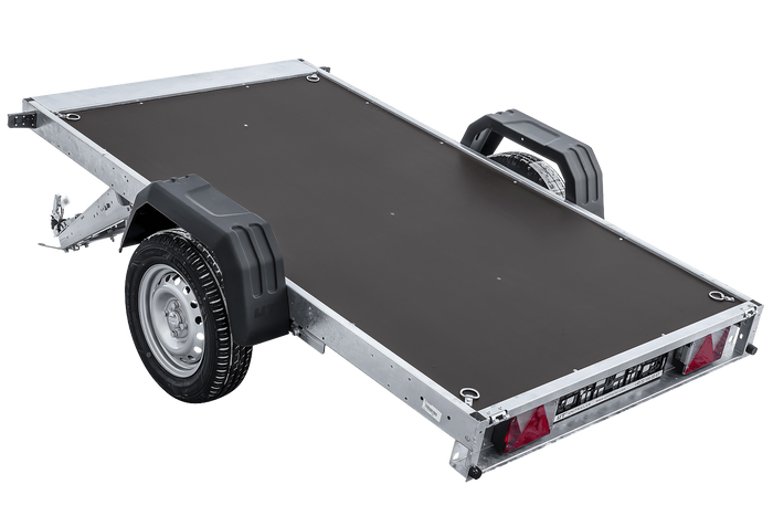 Autotransportanhänger auf Federn 230×125 UNITRAILER FORCE 230/R KIPP mit BIS-Seitenwänden, H-0-Rahmen und blauer Plane-Neu
