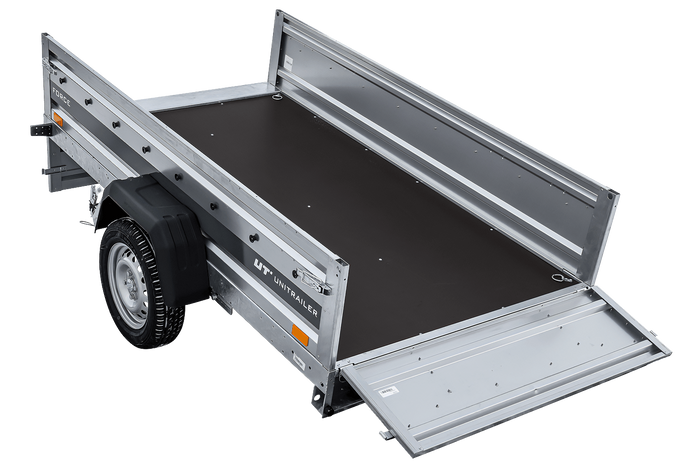 Autotransportanhänger auf Federn 230×125 UNITRAILER FORCE 230/R KIPP mit BIS-Seitenwänden, H-0-Rahmen und grauer Plane-Neu