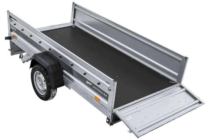 Autotransportanhänger auf Federn 264×125 UNITRAILER FORCE 264/R KIPP mit Gitterwänden, H-800 Rahmen und blauer Plane-Neu