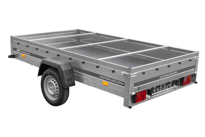Einachsanhänger 264×150 UNITRAILER GARDEN 265 KIPP mit einem Flachplanenträger und blauer Plane-Neu