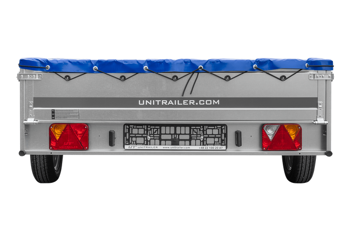 Einachsanhänger 264×150 UNITRAILER GARDEN 265 KIPP mit einem Flachplanenträger und blauer Plane-Neu
