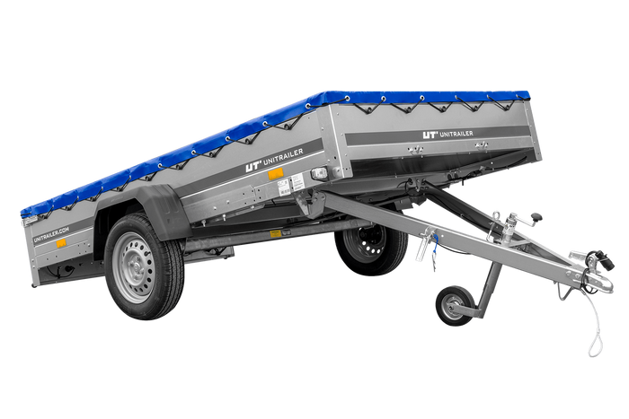 Einachsanhänger 264×150 UNITRAILER GARDEN 265 KIPP mit einem Flachplanenträger und blauer Plane-Neu