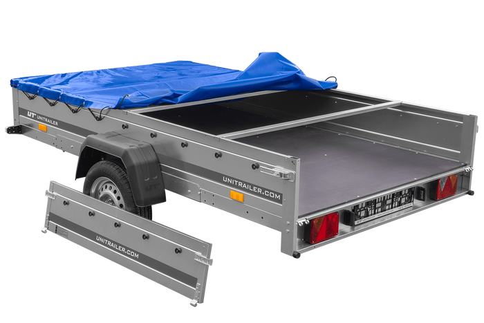 Einachsanhänger 264×150 UNITRAILER GARDEN 265 KIPP mit einem Flachplanenträger und blauer Plane-Neu