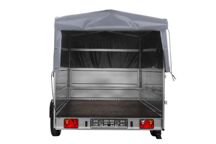 Einachsiger Anhänger auf Blattfedern 264×150 UNITRAILER GARDEN 265/R KIPP mit BIS-Seitenwänden, H-800-Rahmen und grauer Plane-Neu