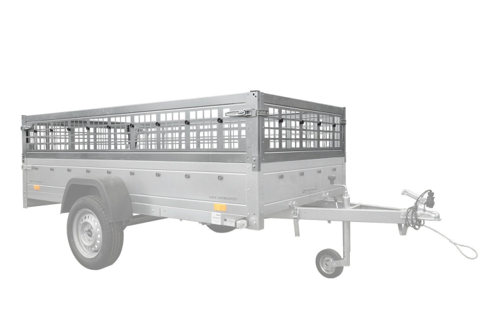 PKW-Anhänger 264×150 UNITRAILER GARDEN 265 KIPP mit Gitteraufsatz, Hochspriegel H-800 und grauer Plane-Neu