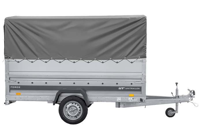Leichter Anhänger auf Blattfedern 264×125 UNITRAILER FORCE 264/R KIPP mit BIS-Seitenwänden, H-800-Rahmen und grauer Plane-Neu