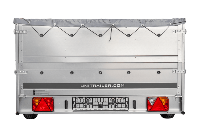 PKW-Anhänger 264×150 UNITRAILER GARDEN 265 KIPP mit zusätzlichen Bordwänden, H-0-Rahmen und grauer Plane-Neu