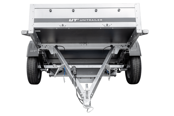 PKW-Anhänger auf Federn 230×125 UNITRAILER GARDEN 230/R KIPP mit Gitterwänden, H-800-Rahmen und blauer Plane-Neu